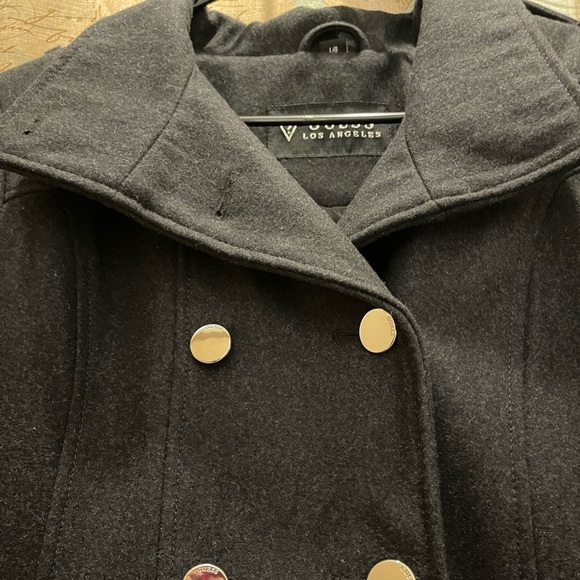 Guess Los Angeles Wool Charcoal Gray Pea Coat Y2K Formal Warm Romantic Goth Lg - Picture 9 of 15